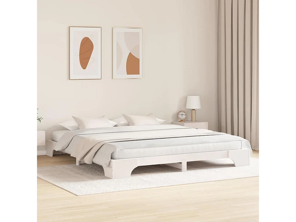 Estructura de cama blanca de 200 x 200 cm de madera maciza de pino