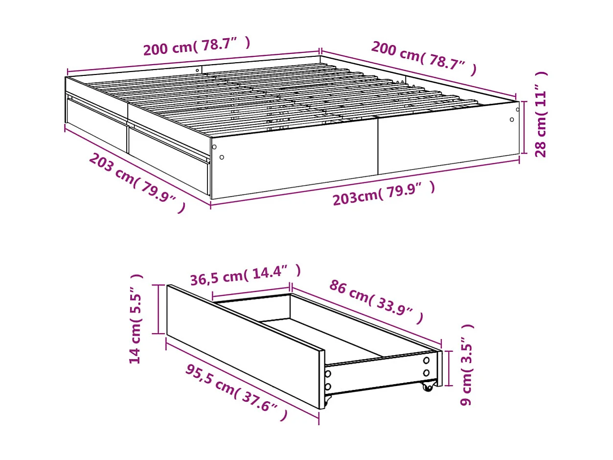 Estructura de cama con cajones sin colchón Sonoma gris 200x200 cm