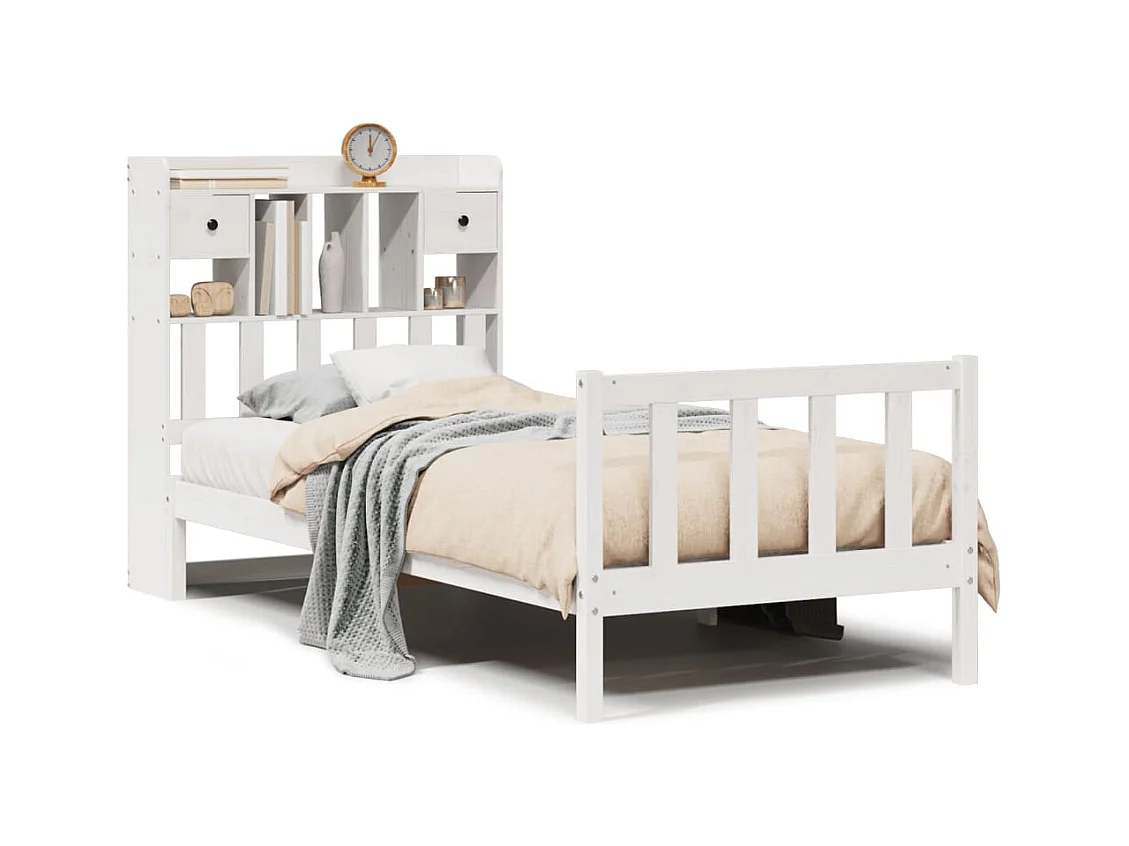 Cama librería blanca sin colchón 75x190cm madera maciza de pino