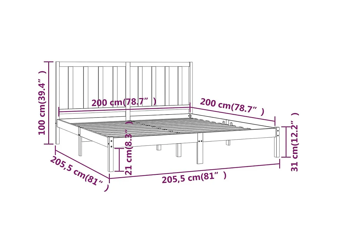 Struttura letto senza materasso in legno massello di pino 200x200 cm