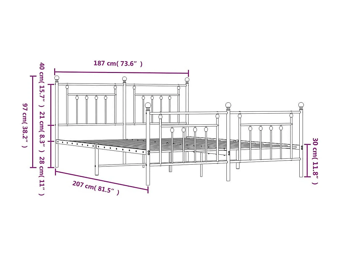 Struttura letto in metallo senza materasso con pediera nera 180x200cm
