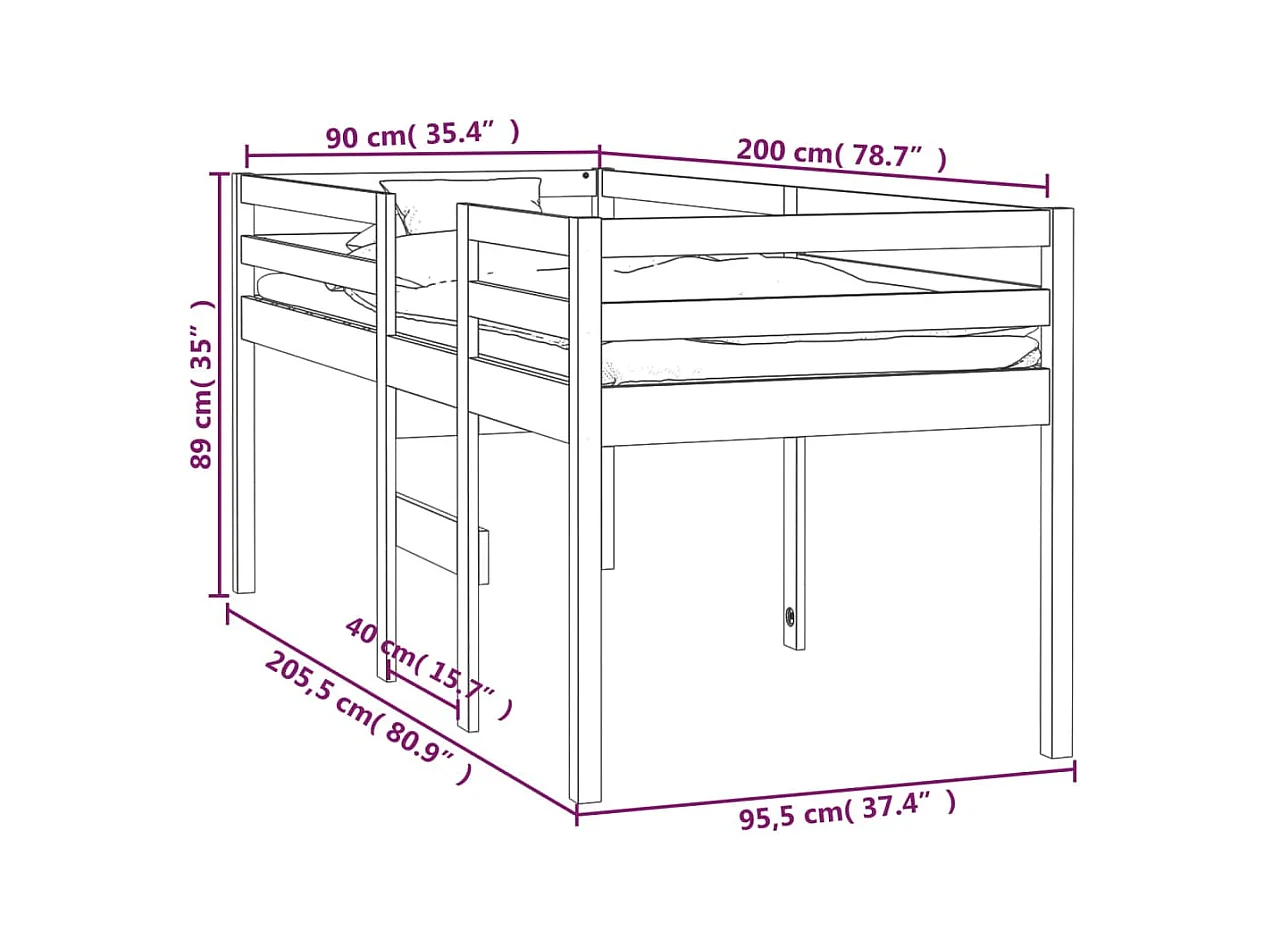Letto alto senza materasso bianco 90x200 cm in legno massello di pino