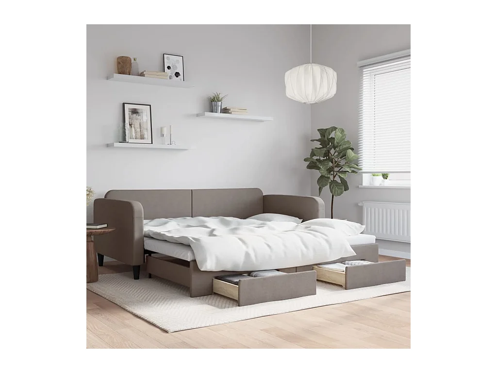 Lit de jour avec gigogne et tiroirs taupe 100x200 cm tissu