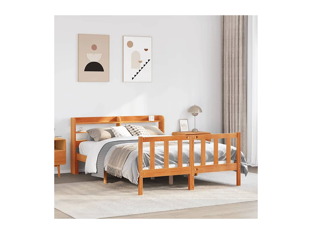 Bedframe en hoofdbord zonder matras bruin gewaxt 135x190 cm