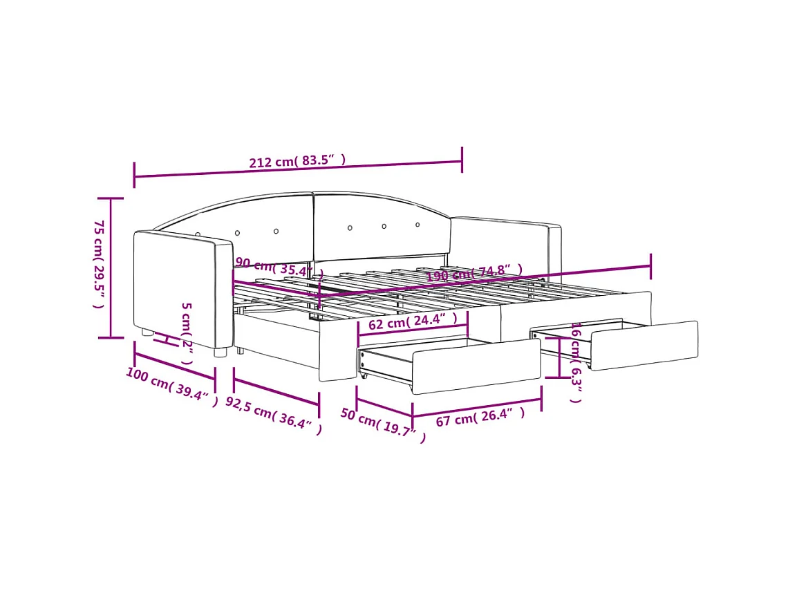 Dagbed met onderschuifbed en lades zwart 90x190 cm fluweel