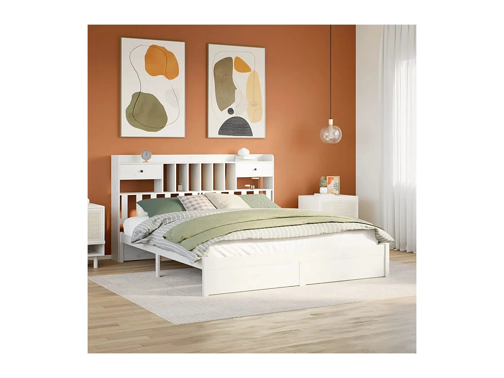 Cama librería blanca sin colchón 180x200 cm madera maciza de pino