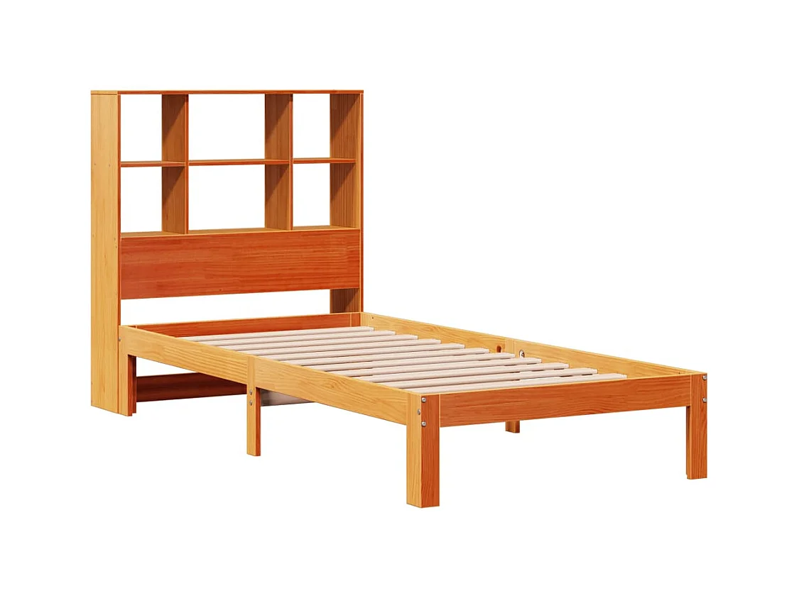 Cama librería sin colchón, color marrón cera, 100x200 cm, pino macizo