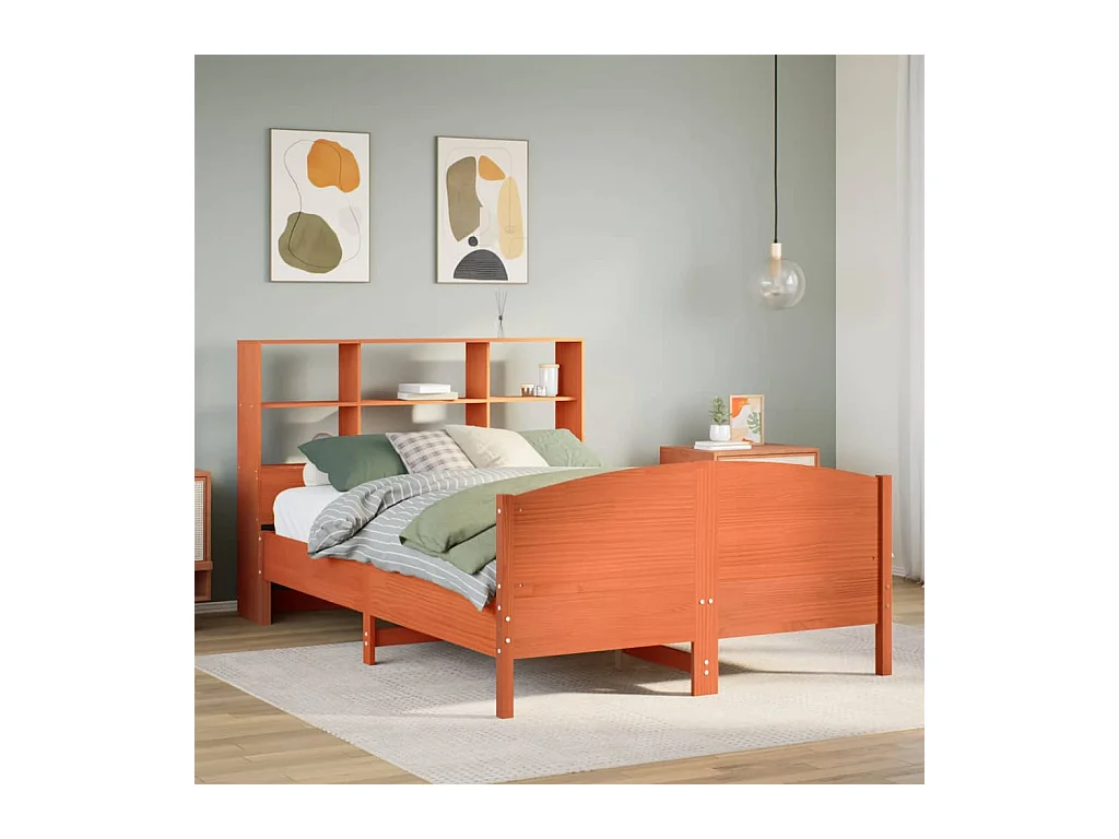 Cama librería sin colchón, color marrón cera, 140x200 cm, pino macizo