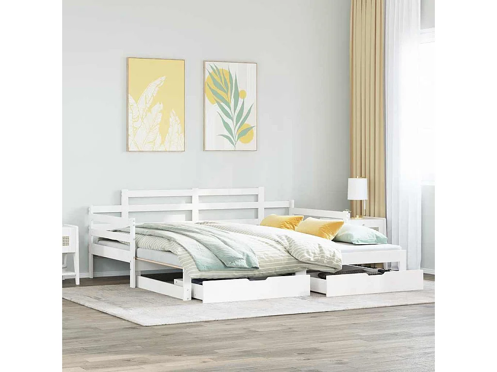Tagesbett mit Ausziehbett und Schubladen ohne Matratze weiß 90x200cm