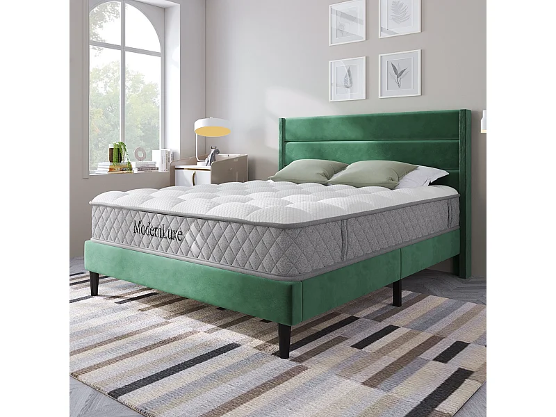 Tweepersoonsbed 140x200 cm, met hoofdbord, frame met lattenbodem, modern design, in donkergroen fluweel (146x210x111 cm)