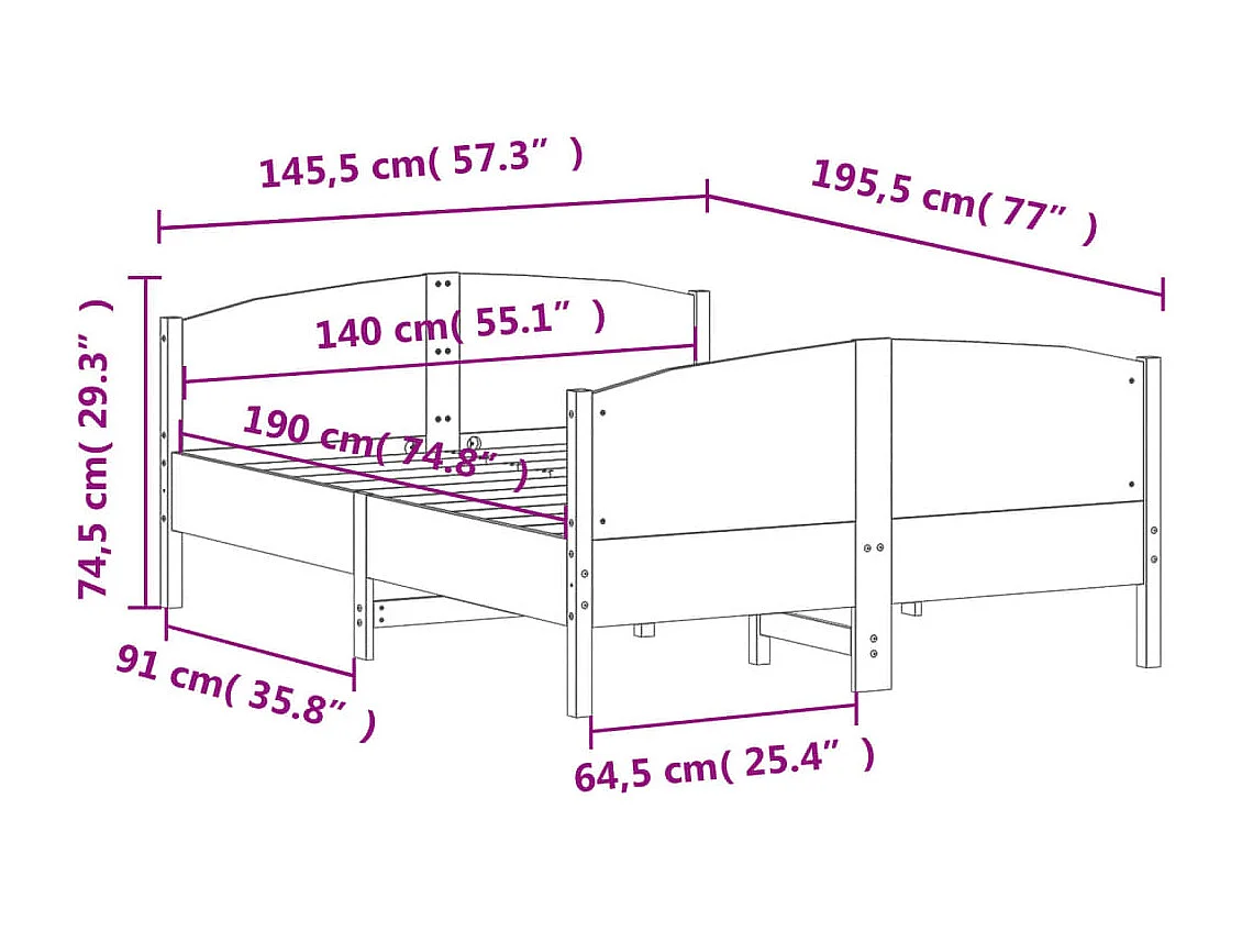 Struttura letto senza materasso bianco 140x190 cm in legno massello di pino