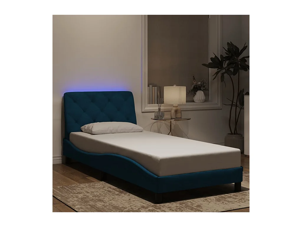 Struttura letto con LED senza materasso blu 90x200 cm velluto