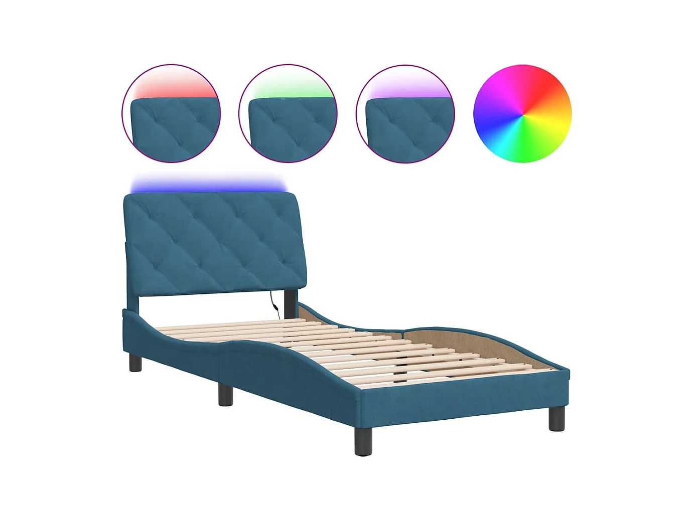 Struttura letto con LED senza materasso blu 90x200 cm velluto