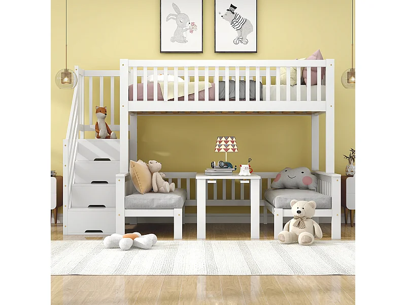 Stapelbed met verstelbare tafel, opbergtrap, veiligheidsleuning, massief hout + MDF, wit (253x125,5x170 cm)