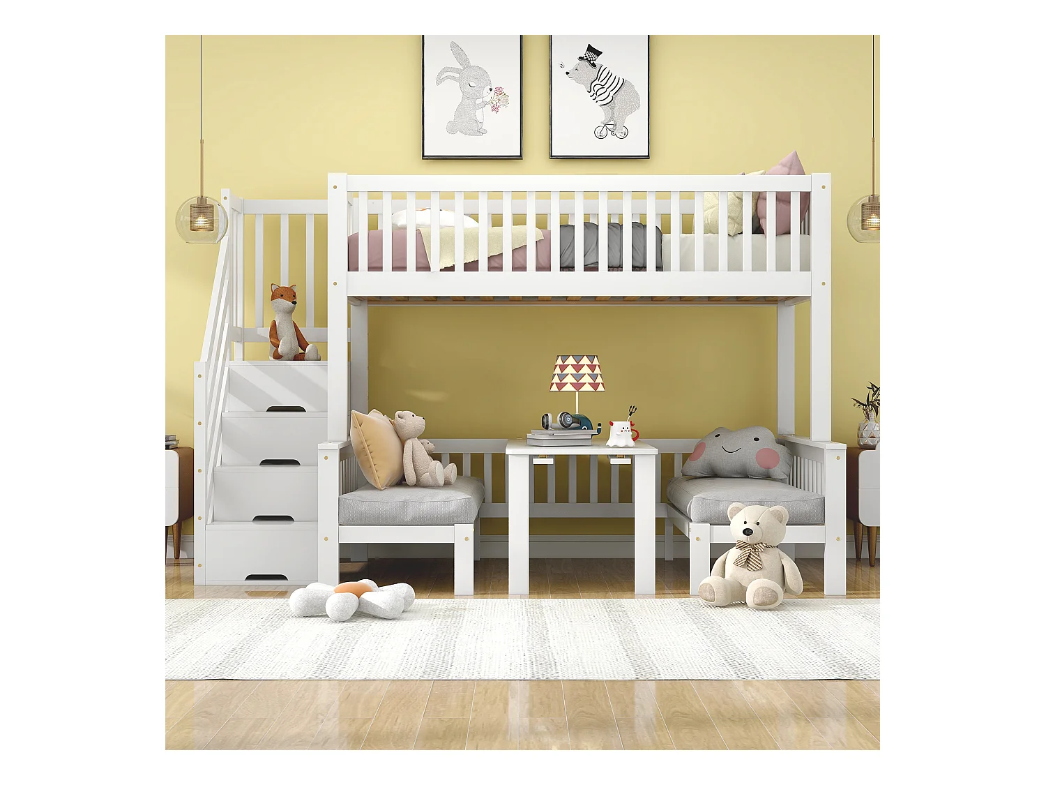 Lit superposé avec table réglable, escaliers de rangement, garde-corps de sécurité, bois massif + MDF, blanc (253x125.5x170 cm)