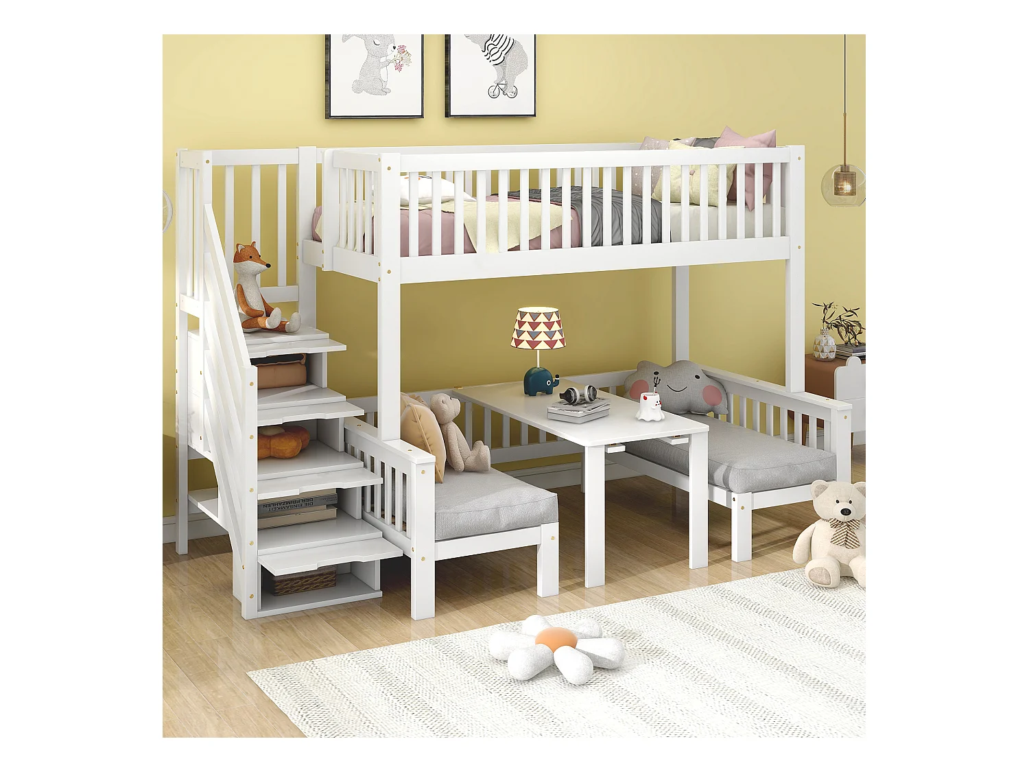 Lit superposé avec table réglable, escaliers de rangement, garde-corps de sécurité, bois massif + MDF, blanc (253x125.5x170 cm)