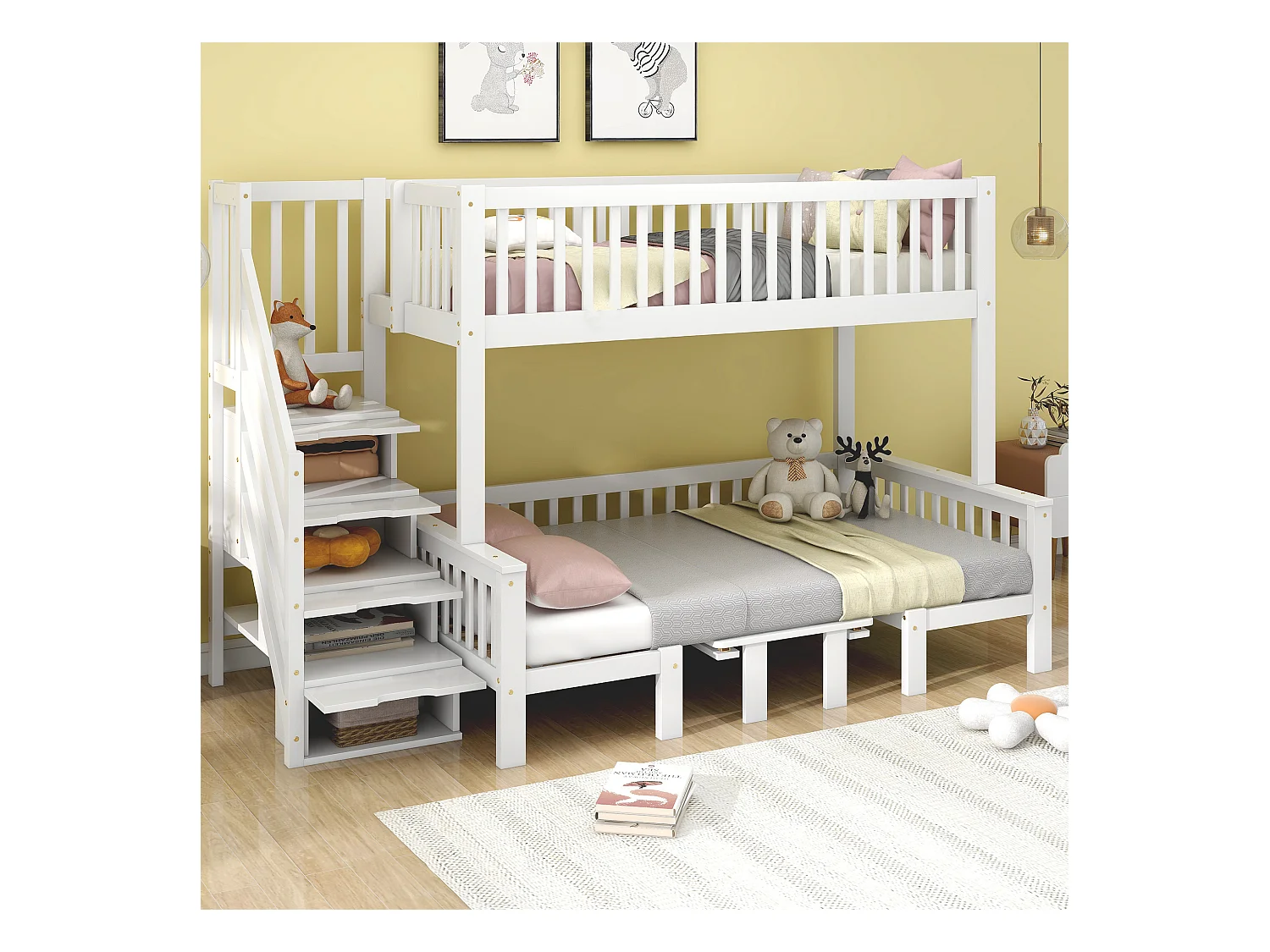 Lit superposé avec table réglable, escaliers de rangement, garde-corps de sécurité, bois massif + MDF, blanc (253x125.5x170 cm)