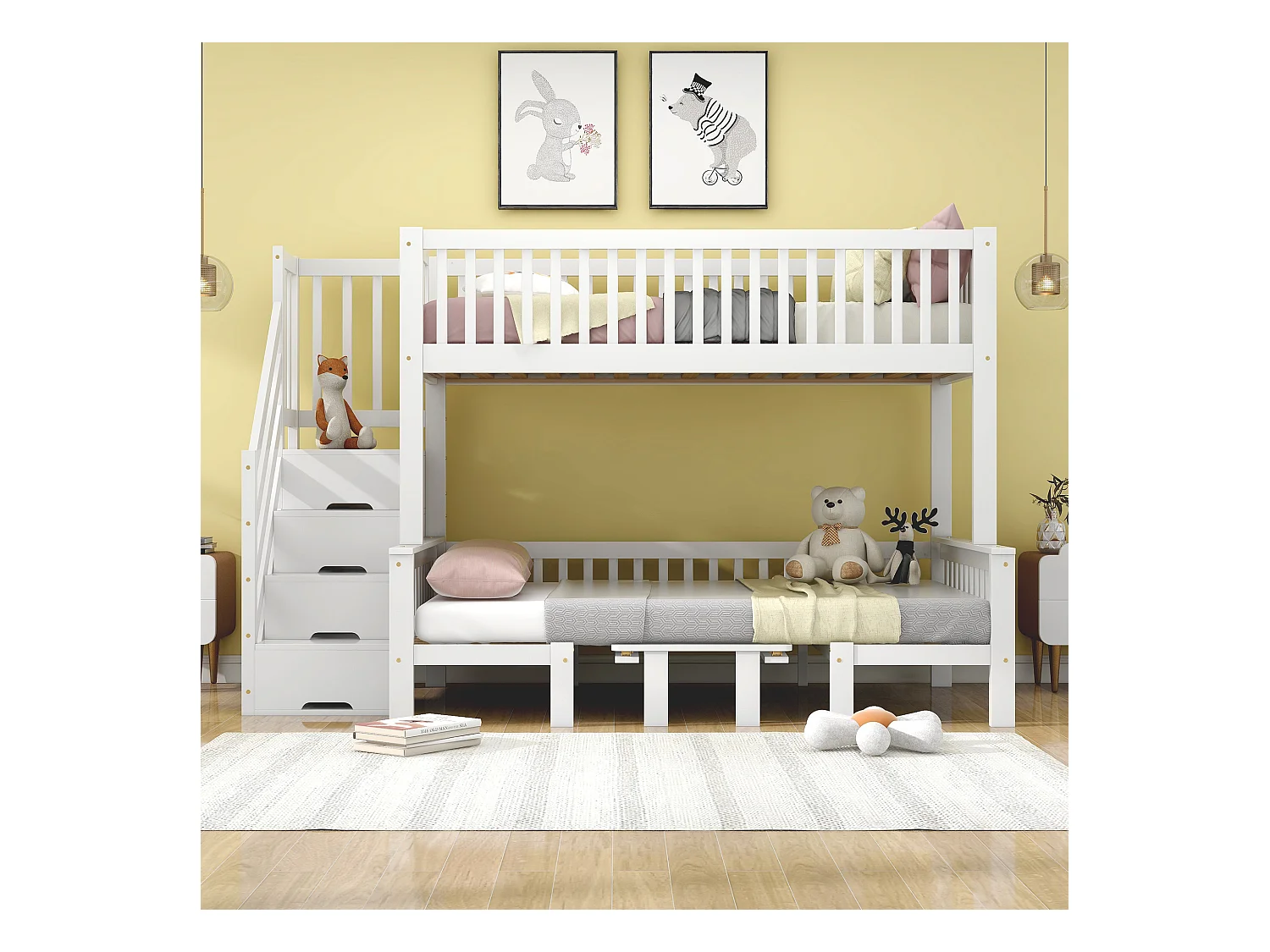 Lit superposé avec table réglable, escaliers de rangement, garde-corps de sécurité, bois massif + MDF, blanc (253x125.5x170 cm)