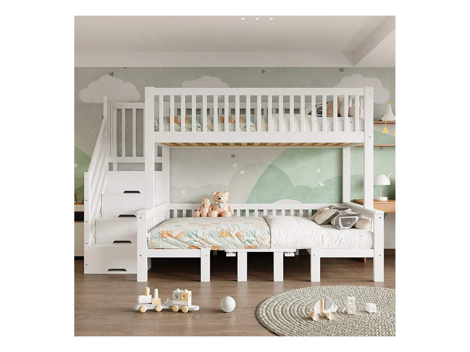 Lit superposé avec table réglable, escaliers de rangement, garde-corps de sécurité, bois massif + MDF, blanc (253x125.5x170 cm)