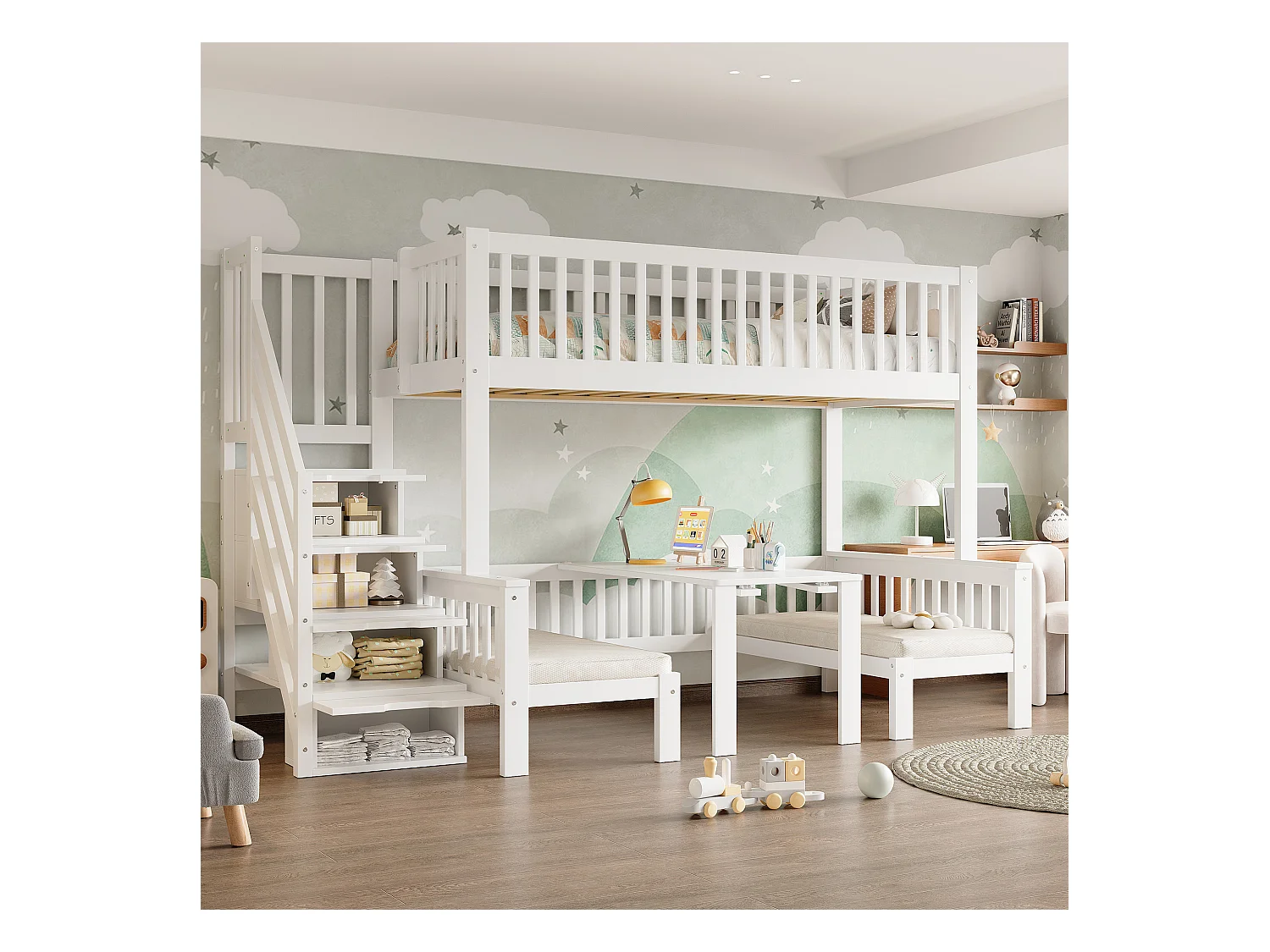 Lit superposé avec table réglable, escaliers de rangement, garde-corps de sécurité, bois massif + MDF, blanc (253x125.5x170 cm)