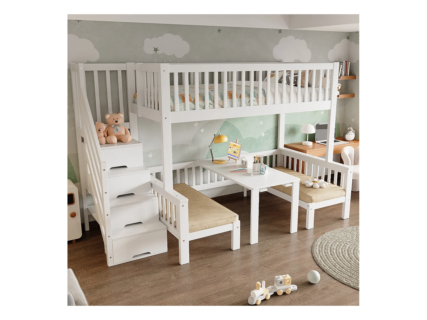Lit superposé avec table réglable, escaliers de rangement, garde-corps de sécurité, bois massif + MDF, blanc (253x125.5x170 cm)