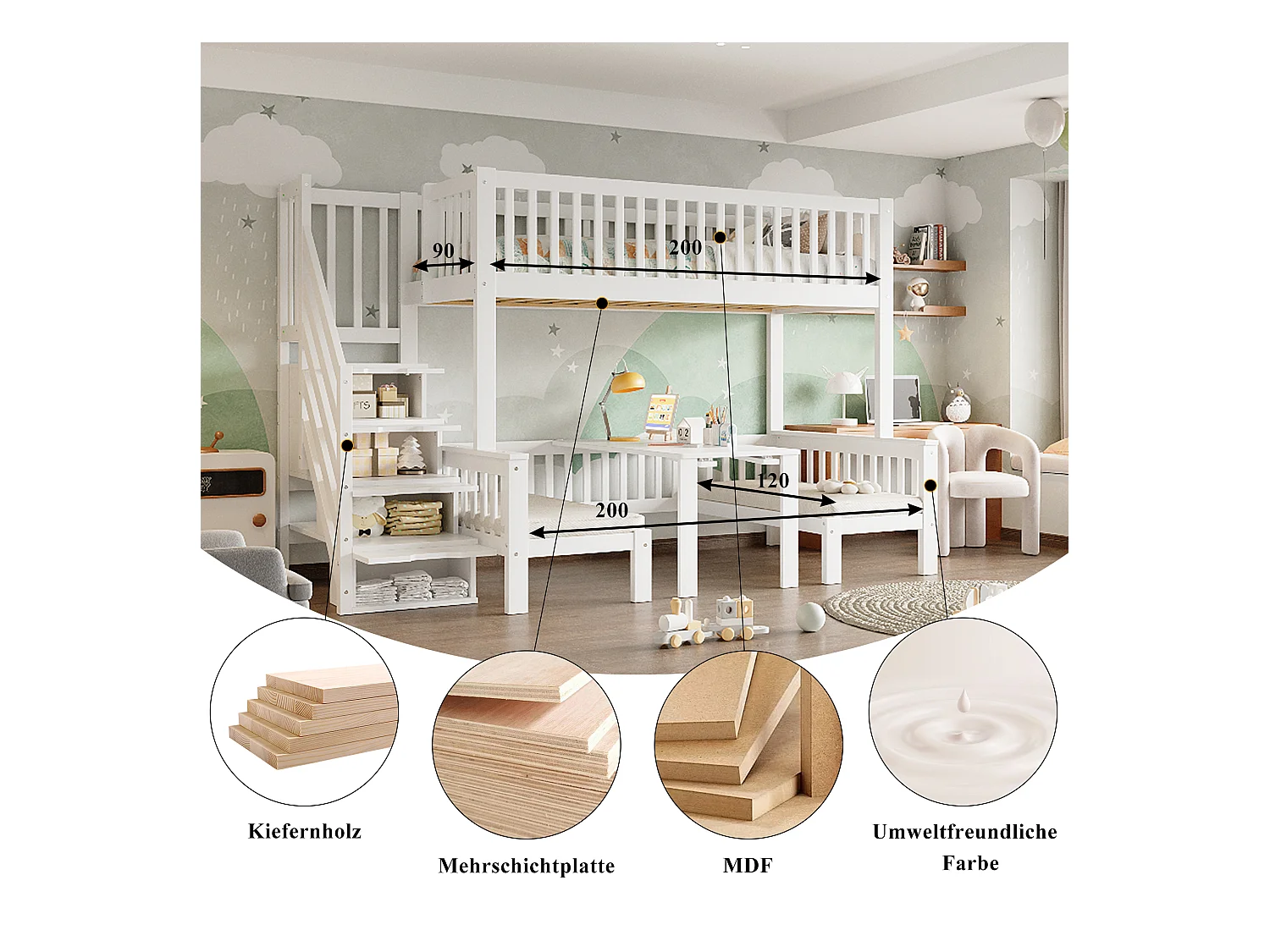 Lit superposé avec table réglable, escaliers de rangement, garde-corps de sécurité, bois massif + MDF, blanc (253x125.5x170 cm)