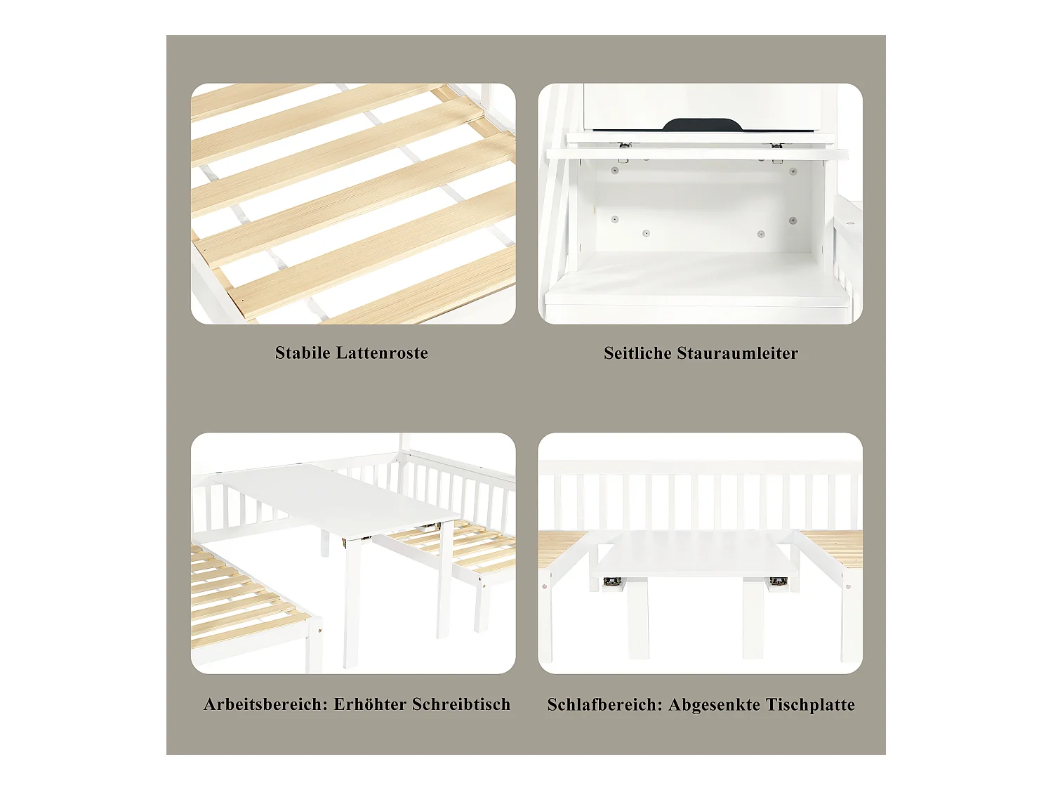 Lit superposé avec table réglable, escaliers de rangement, garde-corps de sécurité, bois massif + MDF, blanc (253x125.5x170 cm)