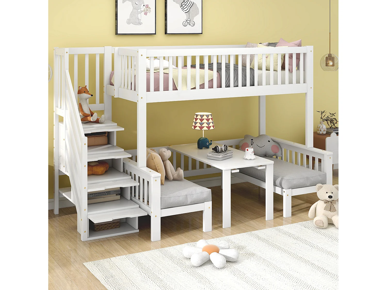 Letto a castello con tavolo regolabile, scaletta portaoggetti, ringhiera di sicurezza, legno massello + MDF, bianco (253x125,5x170 cm)