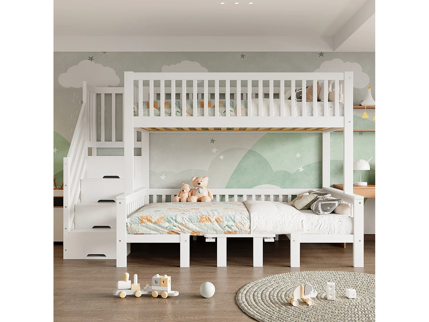 Letto a castello con tavolo regolabile, scaletta portaoggetti, ringhiera di sicurezza, legno massello + MDF, bianco (253x125,5x170 cm)