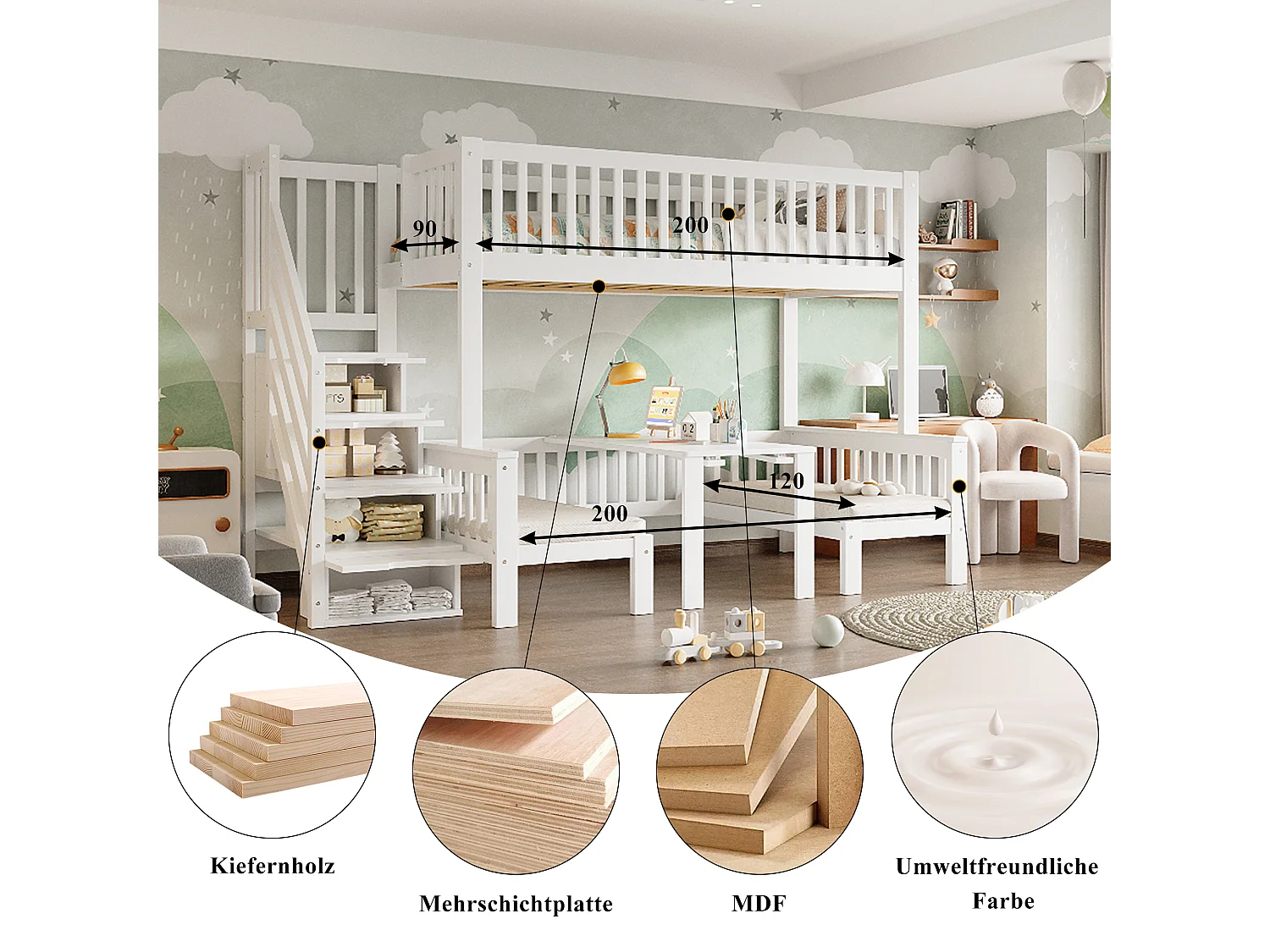 Letto a castello con tavolo regolabile, scaletta portaoggetti, ringhiera di sicurezza, legno massello + MDF, bianco (253x125,5x170 cm)