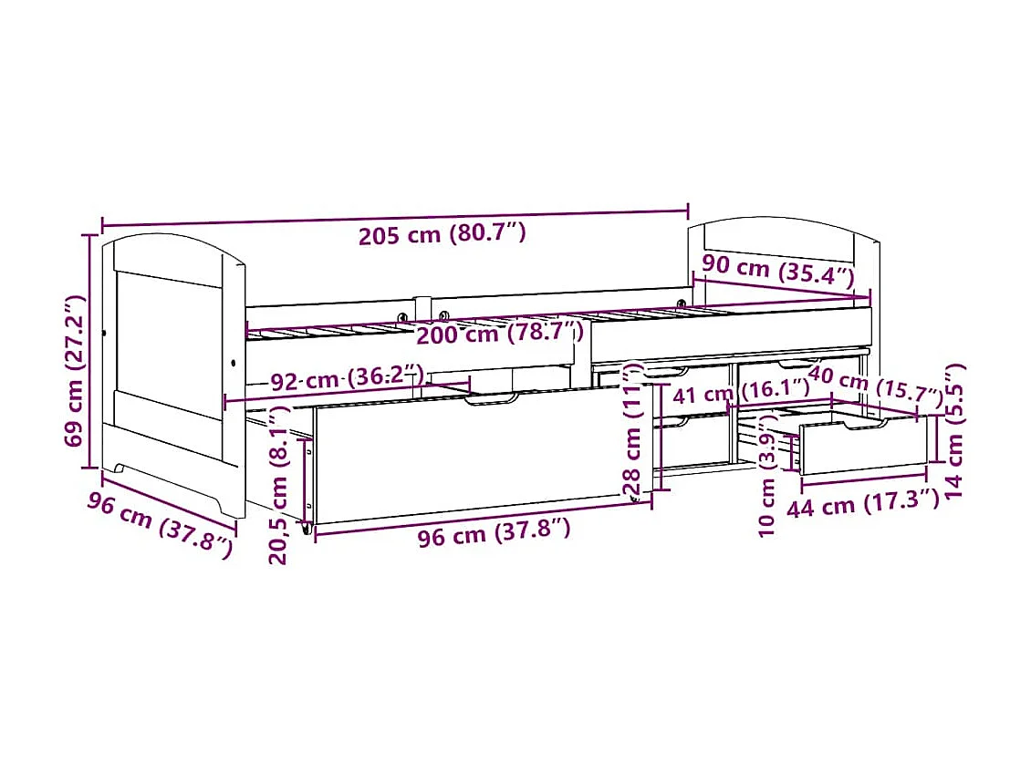Dagbed met 5 lades zonder matras IRUN wit roze 90x200 cm