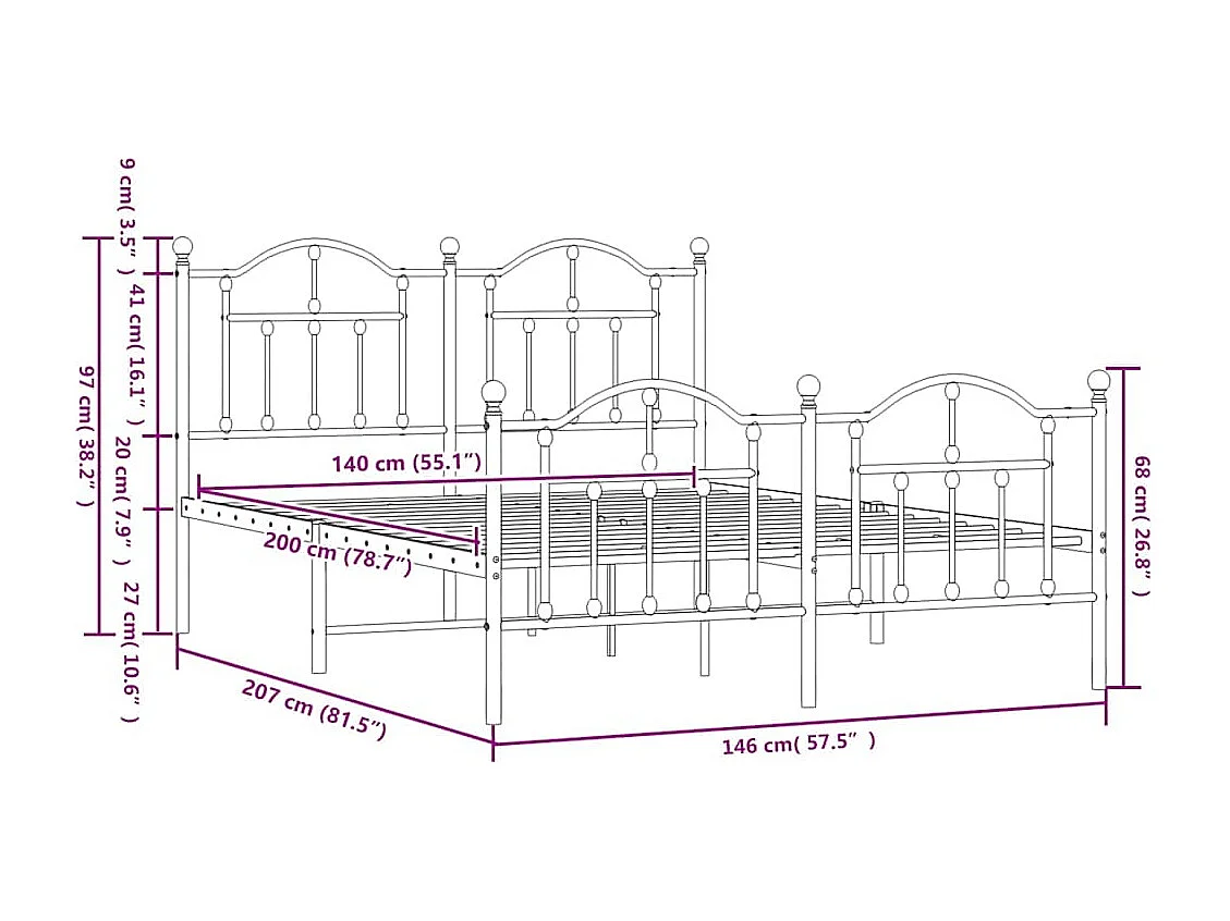 Cadre de lit métal sans matelas et pied de lit blanc 140x200 cm