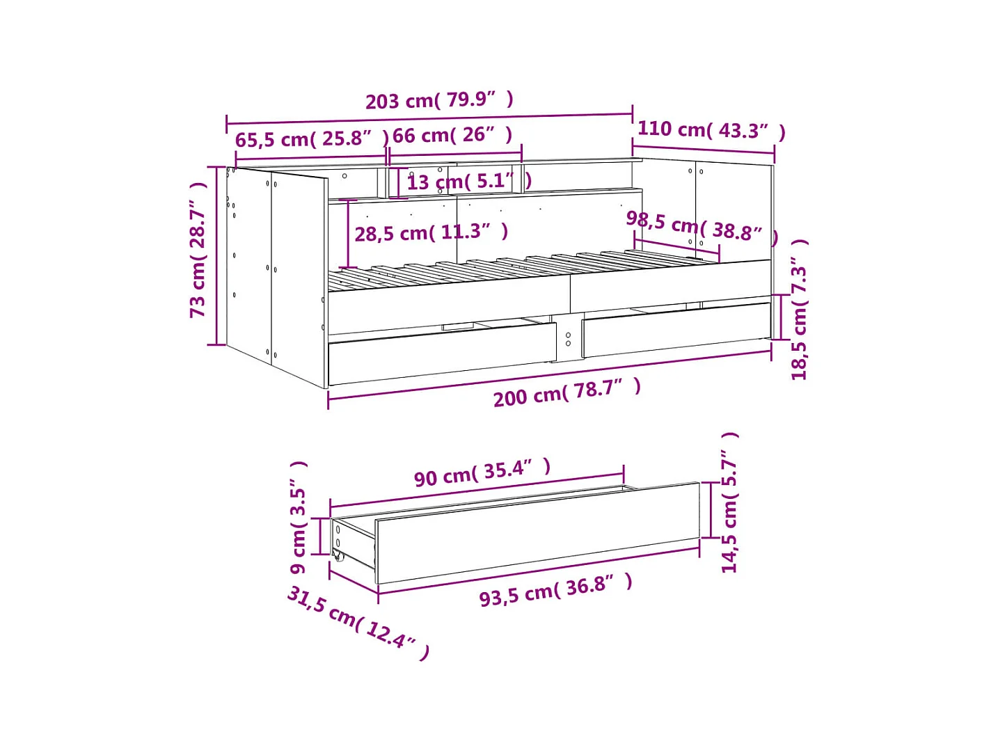 Lit de jour avec tiroirs sans matelas noir 100x200 cm