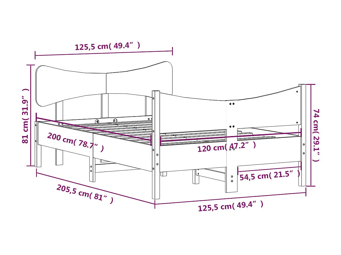 Struttura letto senza materasso 120x200 cm in legno massello di pino