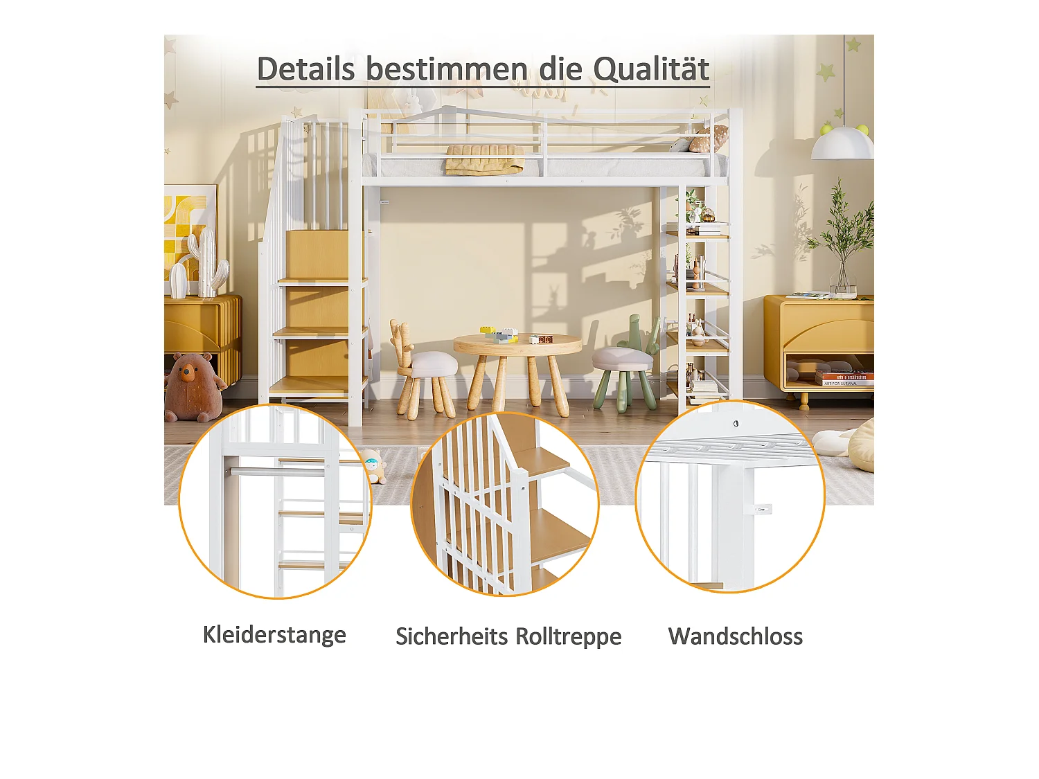 Lit mezzanine 90 x 200 cm, avec échelle de sécurité, rangement, petit placard, étagères, design avec haut garde-corps (255x98x170 cm)