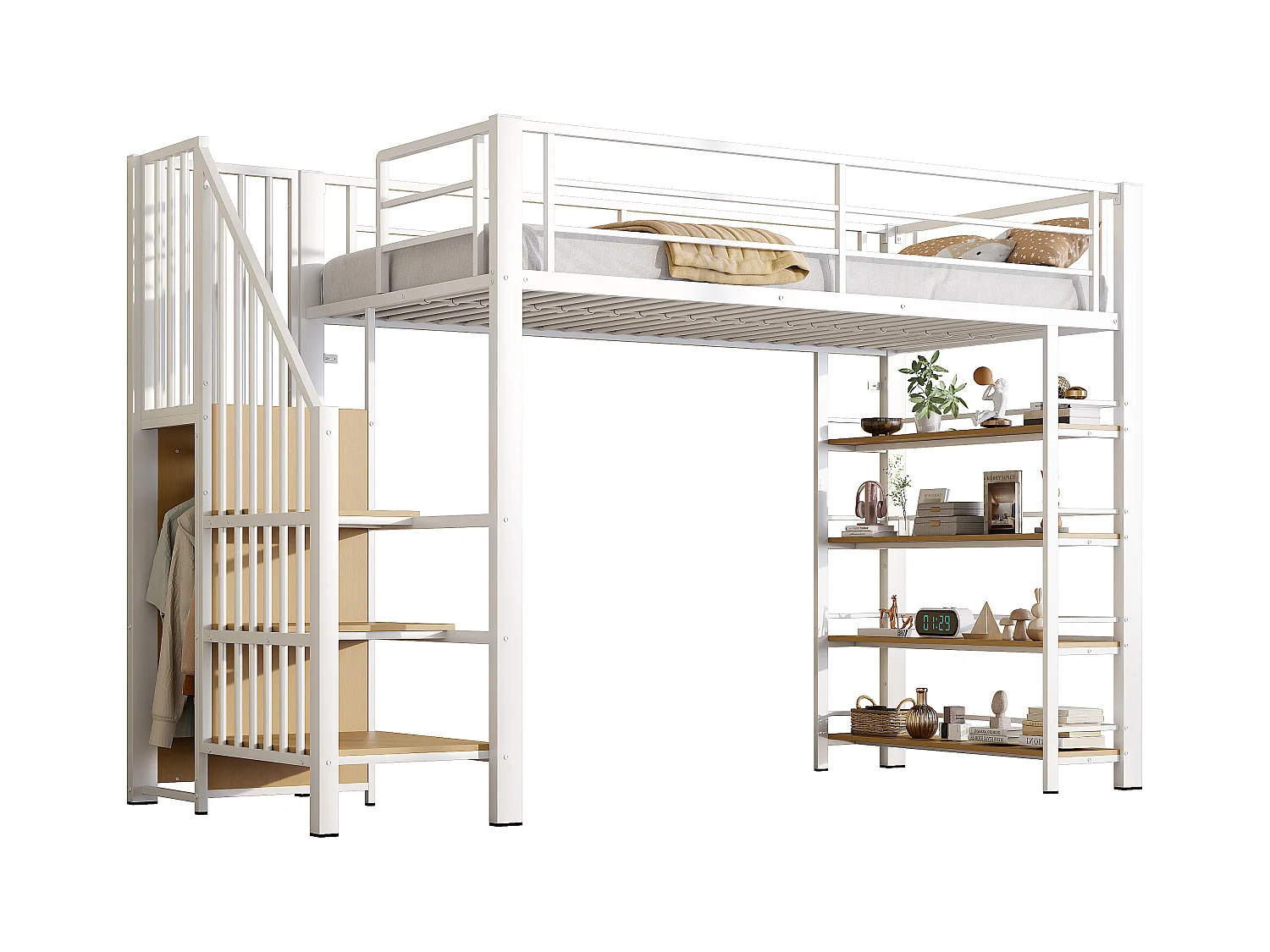 Lit mezzanine 90 x 200 cm, avec échelle de sécurité, rangement, petit placard, étagères, design avec haut garde-corps (255x98x170 cm)