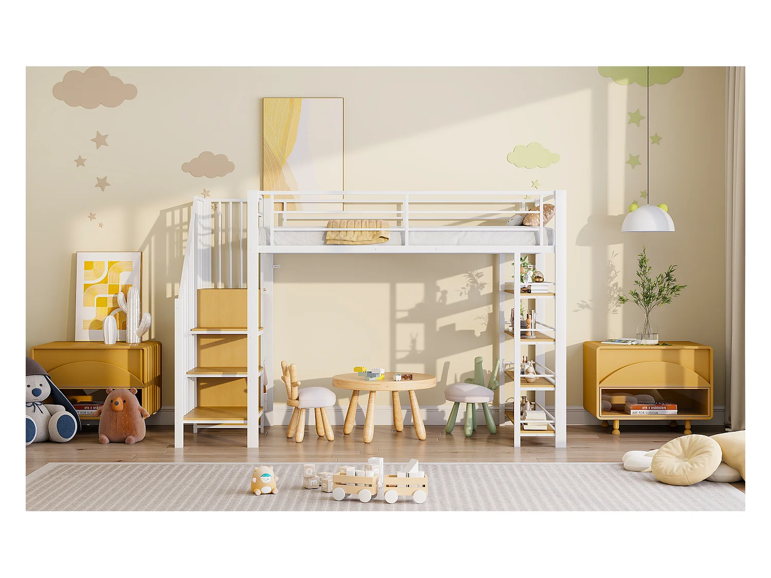 Lit mezzanine 90 x 200 cm, avec échelle de sécurité, rangement, petit placard, étagères, design avec haut garde-corps (255x98x170 cm)