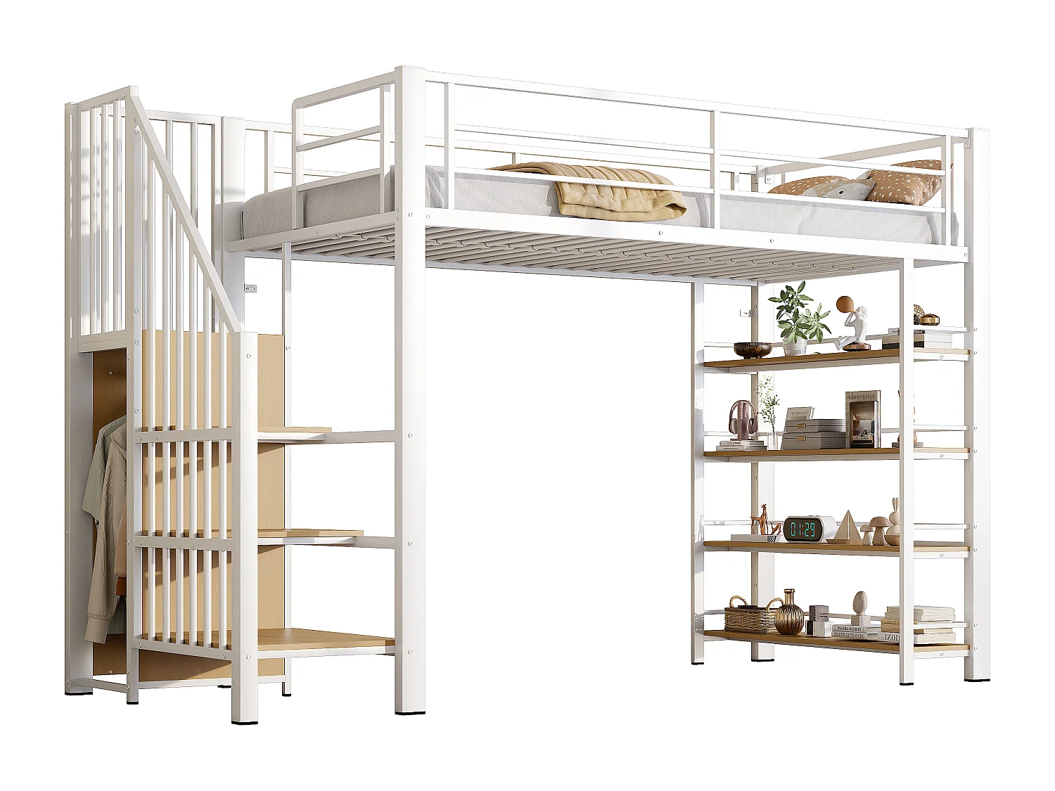 Letto a soppalco 90 x 200 cm, con scaletta di sicurezza, vano contenitore, piccolo armadio, ripiani, design con sponda alta (255 x 98 x 170 cm)