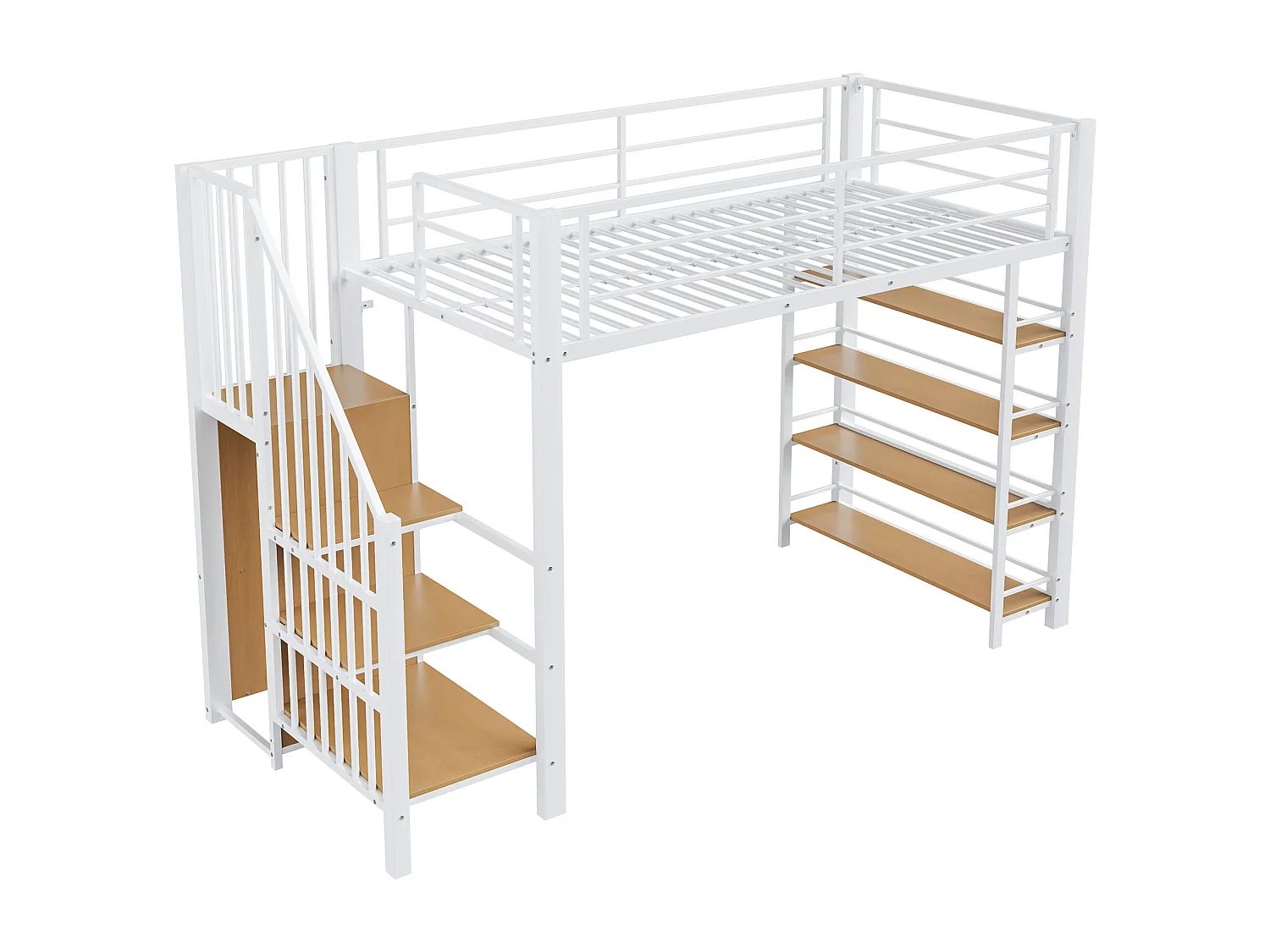 Letto a soppalco 90 x 200 cm, con scaletta di sicurezza, vano contenitore, piccolo armadio, ripiani, design con sponda alta (255 x 98 x 170 cm)