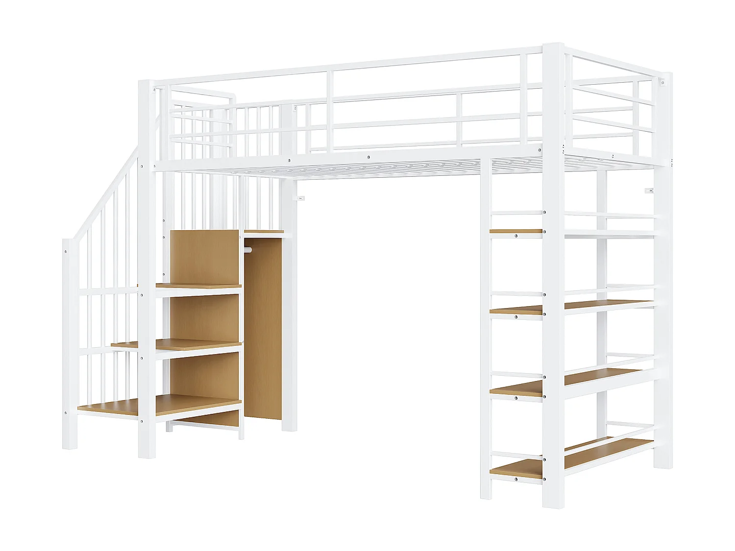 Letto a soppalco 90 x 200 cm, con scaletta di sicurezza, vano contenitore, piccolo armadio, ripiani, design con sponda alta (255 x 98 x 170 cm)