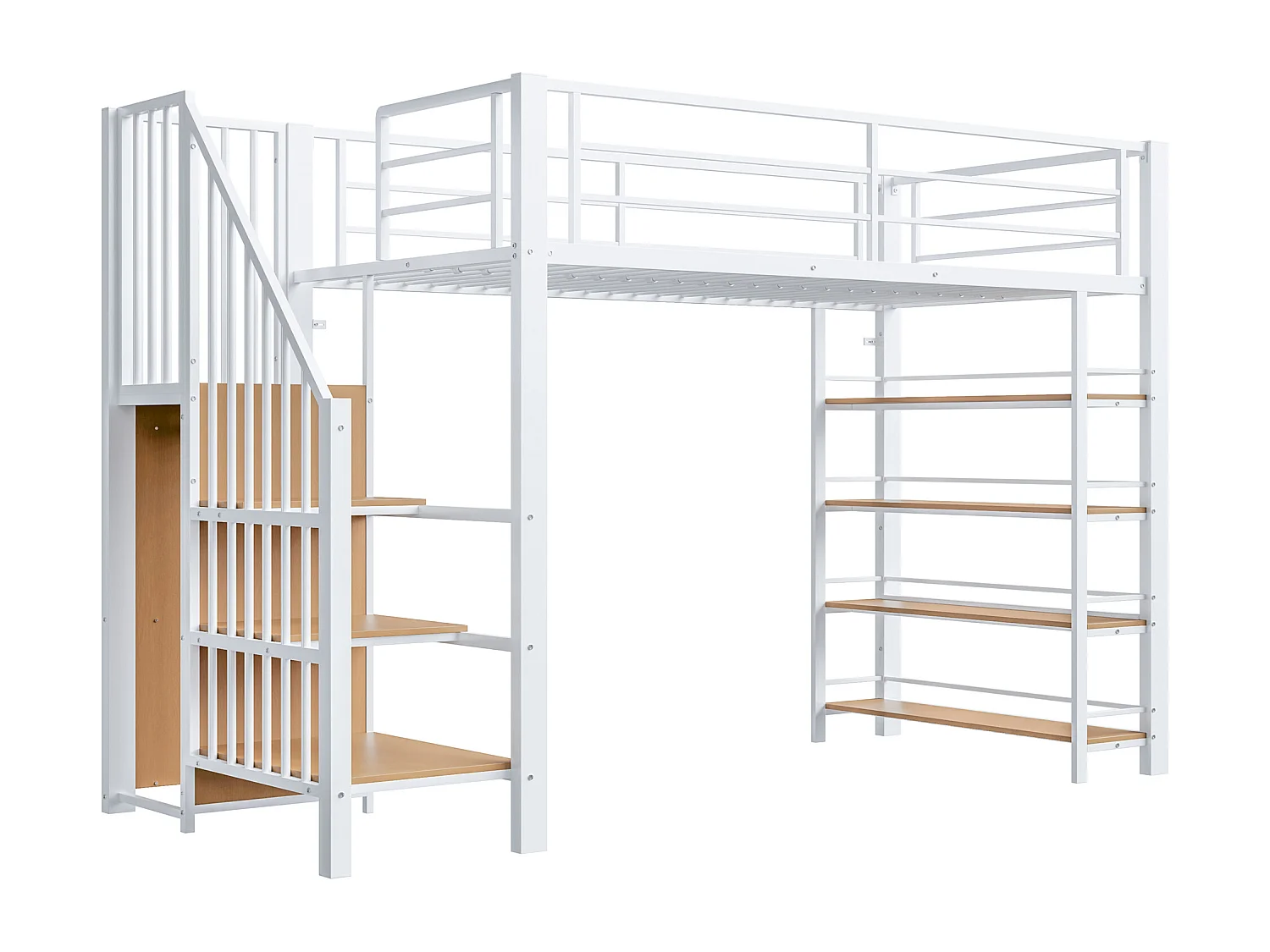 Letto a soppalco 90 x 200 cm, con scaletta di sicurezza, vano contenitore, piccolo armadio, ripiani, design con sponda alta (255 x 98 x 170 cm)