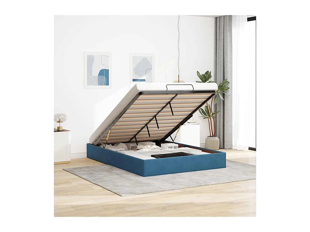 Cadre de lit ottoman sans matelas bleu foncé 140x200 cm velours