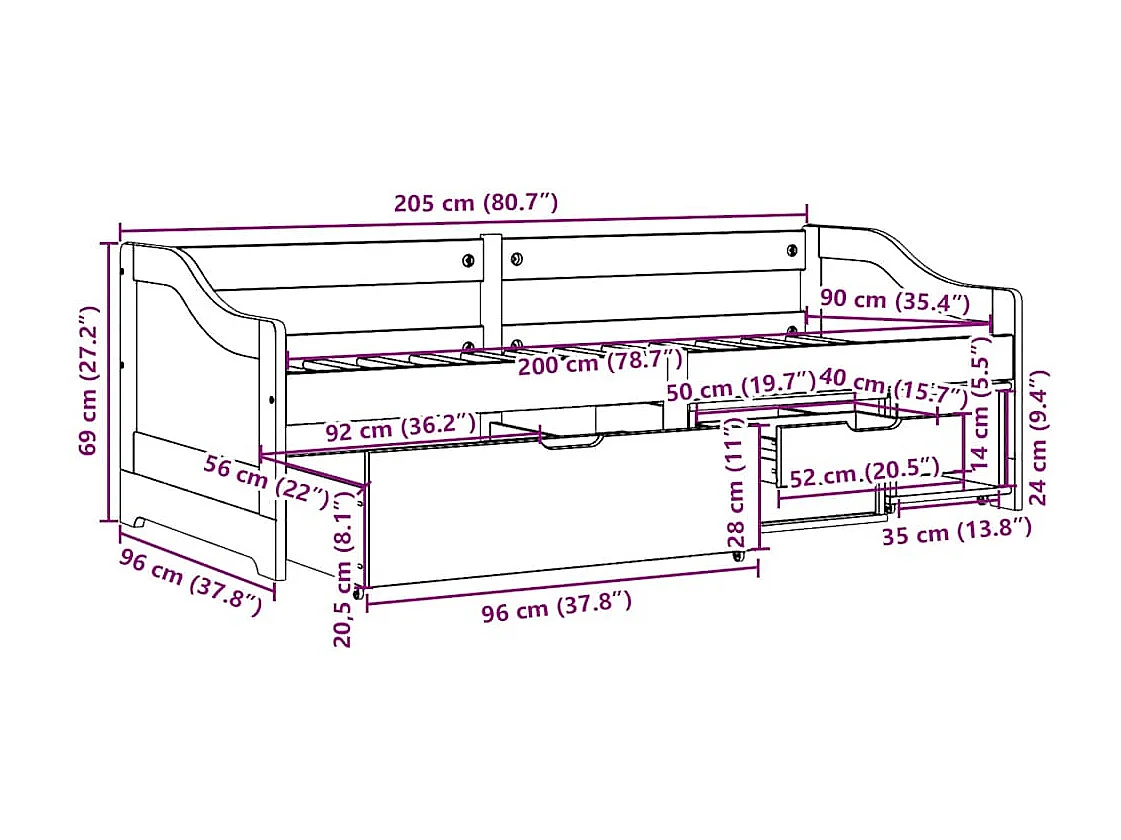 Dagbed met 3 lades zonder matras IRUN zwart 90x200 cm