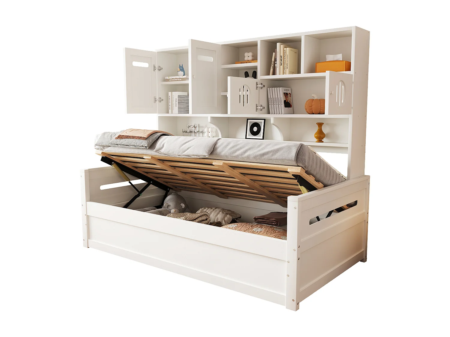 Canapé-lit en bois avec espace de rangement multifonction, lit hydraulique, 90x200 cm, lit simple pour chambre d'adolescent (matelas non inclus)