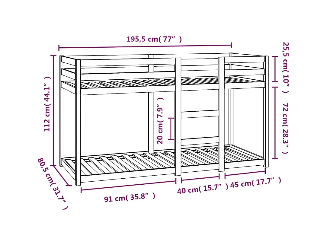 Letto a castello senza materasso bianco 75x190 cm in legno massello di pino