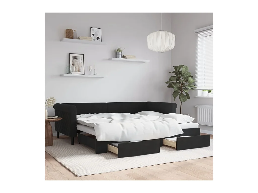 Divano letto con rotelle e cassetti senza materasso nero 90x200 cm