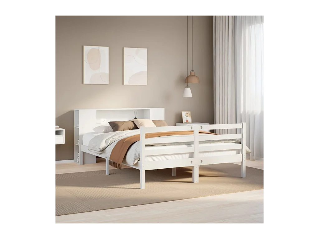 Lit bibliothèque sans matelas blanc 135x190 cm bois pin massif