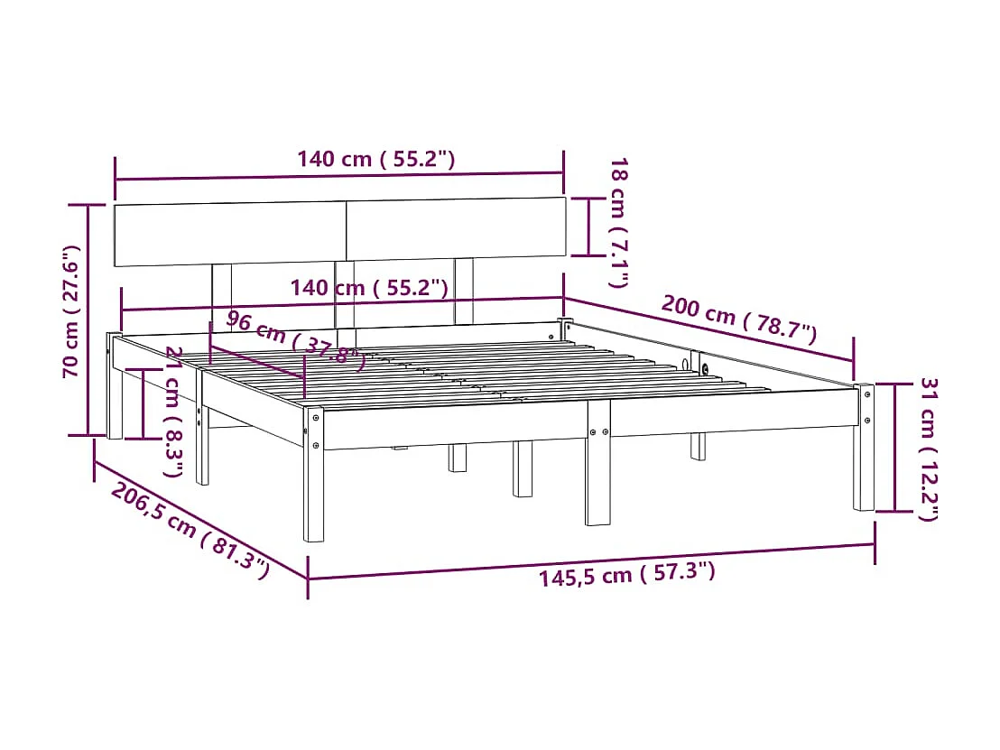Cadre de lit sans matelas noir bois massif 140x200 cm