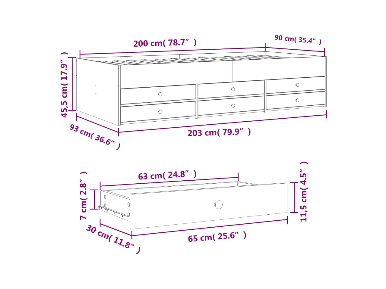 Tagesbett mit Schubladen ohne Matratze schwarz 90x200 cm