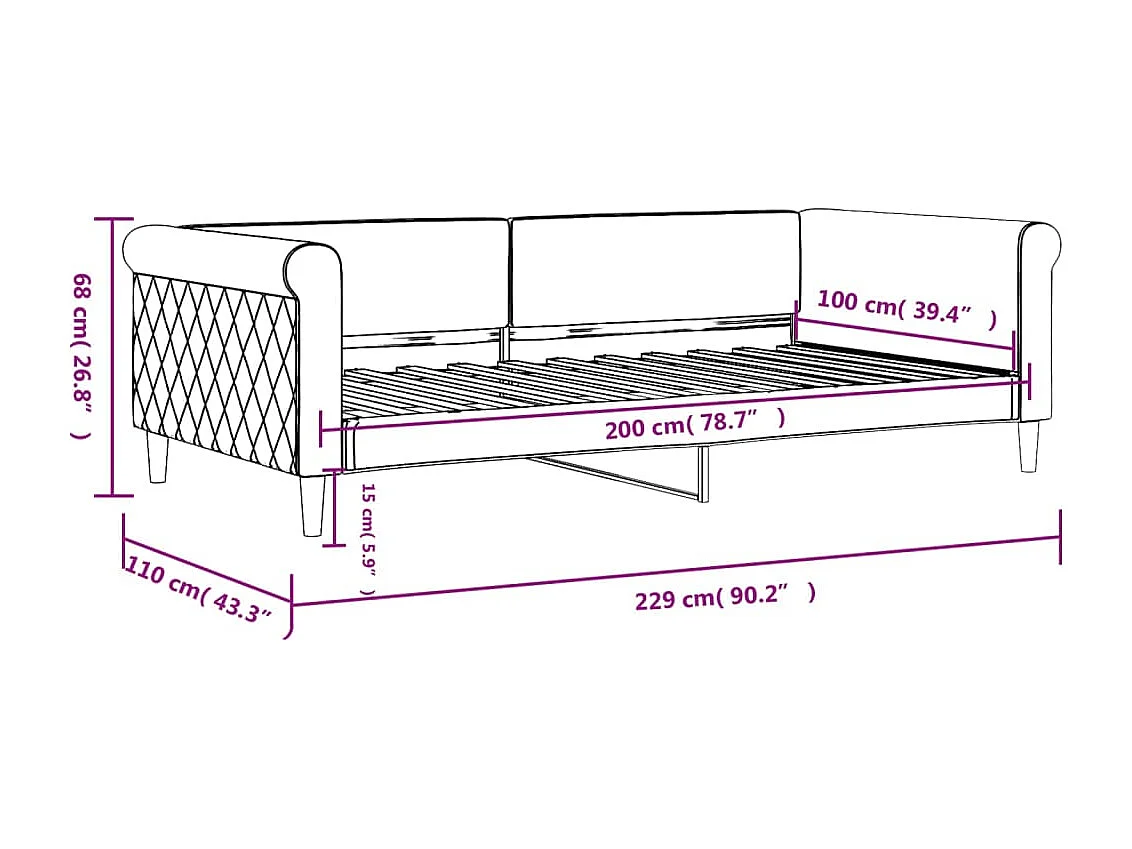 Divano letto senza materasso grigio chiaro 100x200 cm velluto